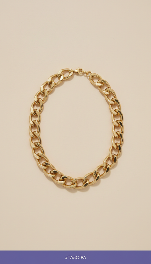 Statement gold-plated chain necklace, Default to 3/4 angle tabletop shots with product centered but slightly offset for...