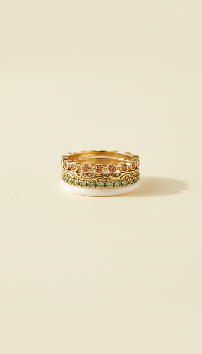 Radiance Stackable Rings Set, Jewelry photographed at 3/4 angle on wrist/neck/ear/hands against matte cream or pale wood...