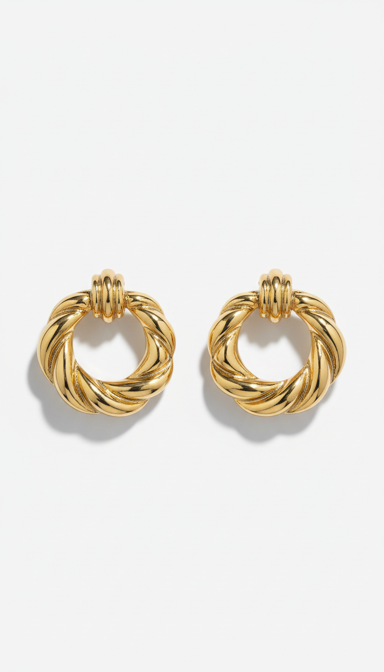 Gilded gold statement hoop earrings, perfectly centered horizontally and vertically with equal negative space above and...