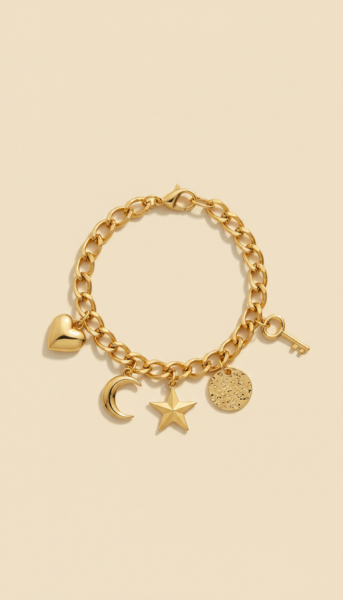 Gold-plated charm bracelet, 3/4 angle close-ups on textured surfaces (e.g., linen over wood). Products artfully arranged...