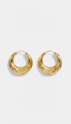 A perfectly centered image of large-sized waterproof gold-plated hoop earrings from 'Golden Waves'. The earrings are...