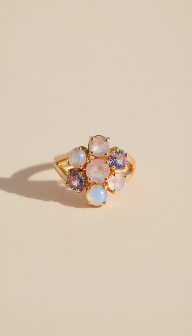 Neutral Seashell background. Photographed with a 50mm lens for clarity and detail, highlighting the ring's exquisite...